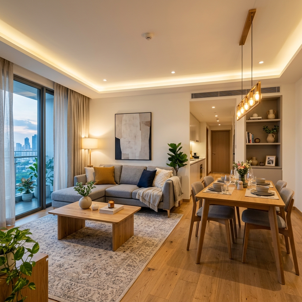 Representative 2BHK spacious living room with dynamic seating setup