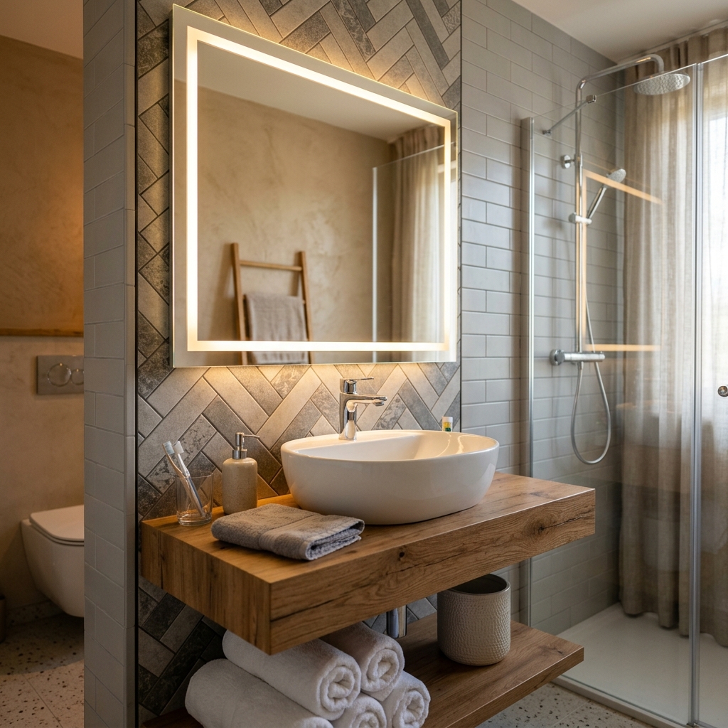 Representative clean tiled bathroom layout