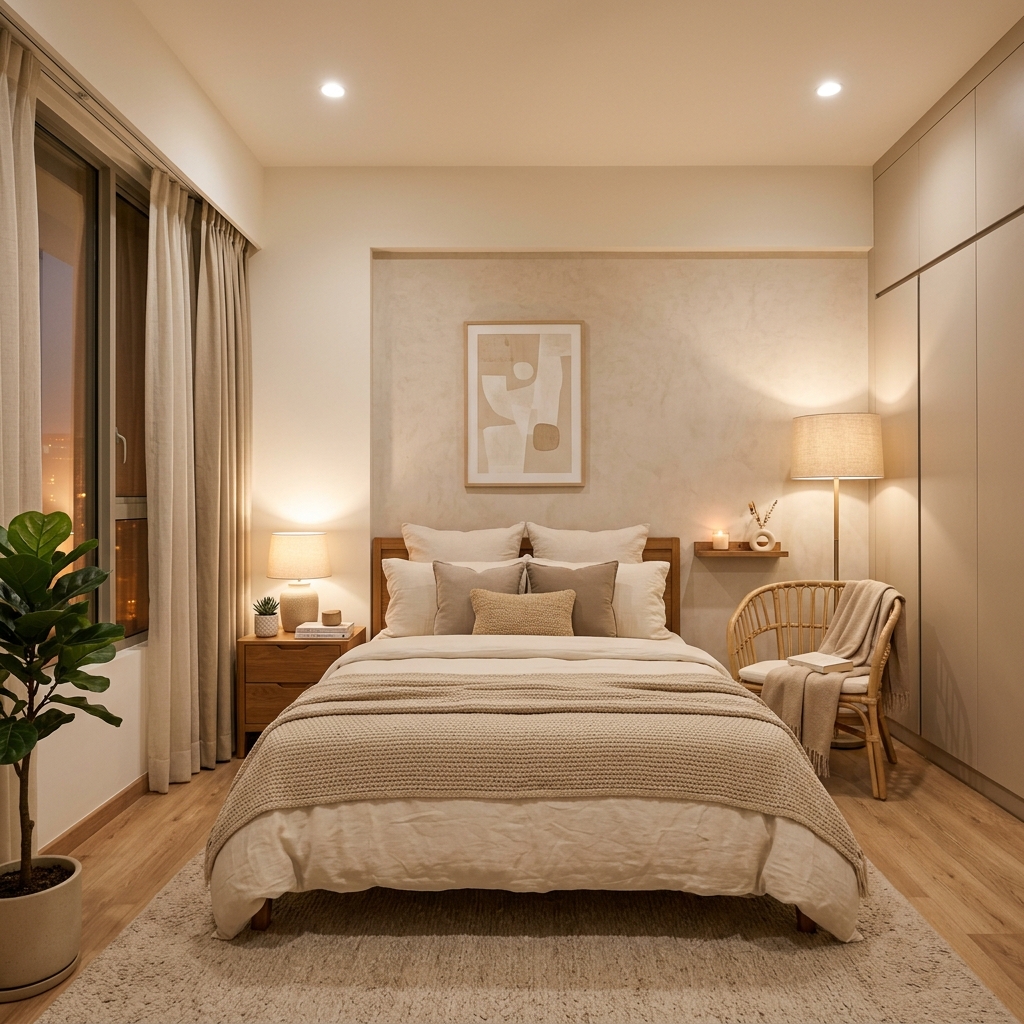Representative fully furnished 1BHK bedroom and study corner layout